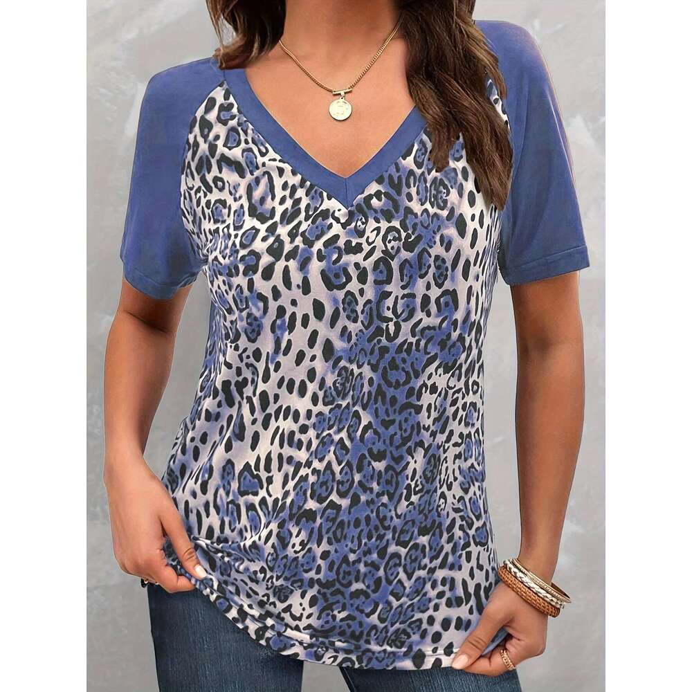 2024 Summer Europe And The United States Plus Size Women's Leopard Print Casual V-Neck Short Sleeve Pullover Top T-Shirt