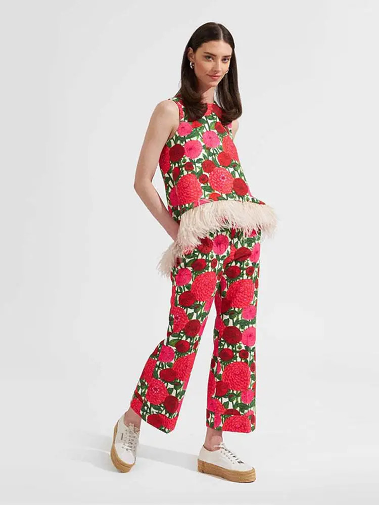 Sleeveless Printed Feather Vest Trouser Suits Women O-neck Patchwork Top High Waist Zipped Pants Summer Lady Sets 250210