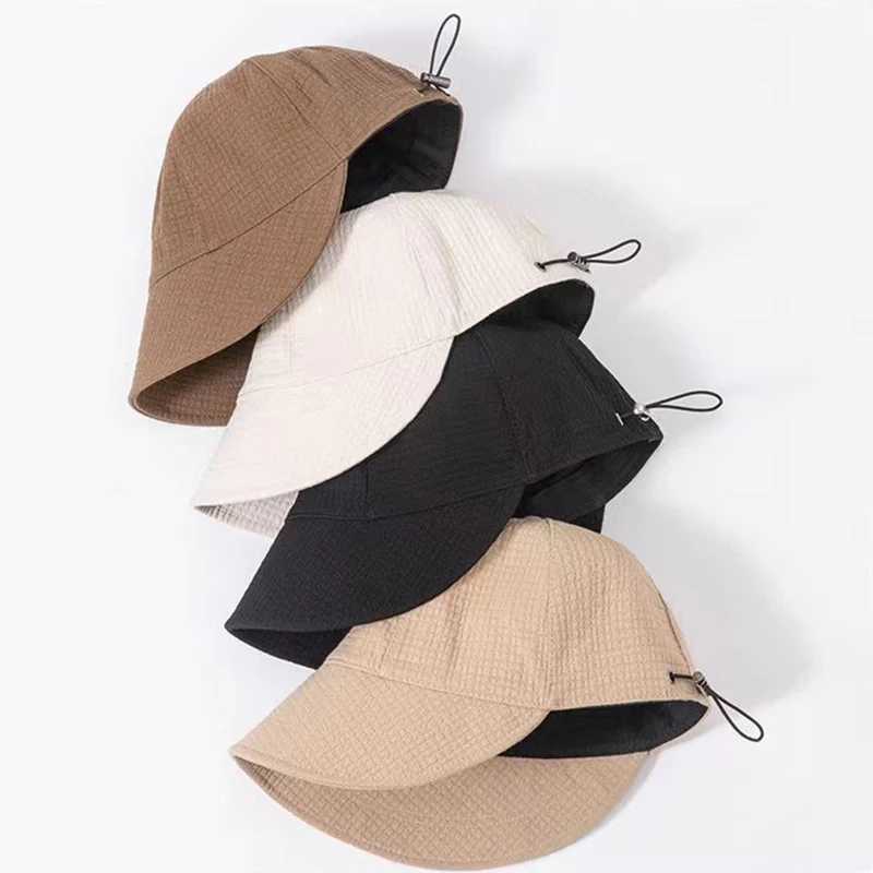 Women Summer Wide Brim Sunscreen Hat Solid Color Waffle Adjustable Bucket Cap For Female Lady JK Korean Outdoor Equestrian Cap W250217