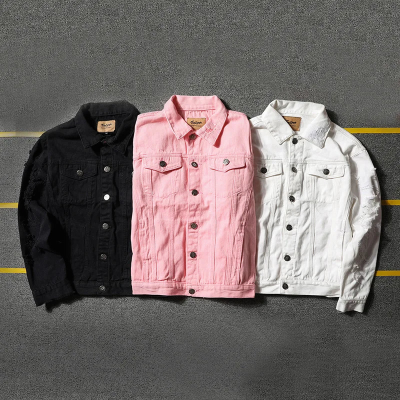 Autumn Mens Jean Jacket Slim Fit Cotton Denim Red White Black Ripped Hole Coats Men Cowboy Youth 5XL 250210