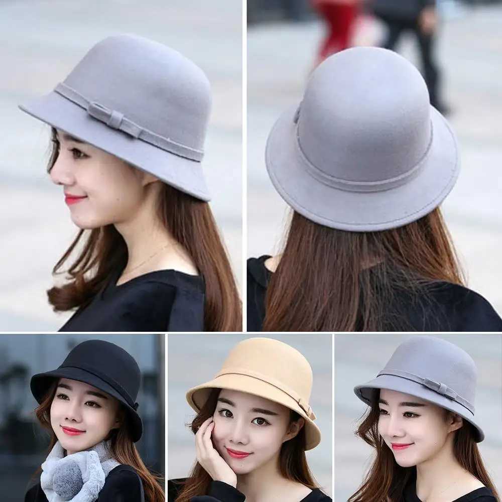 Womens Elegant Wool Felt Fedoras Hat Autumn Winter Warm Solid Color Bow Bucket Dome Cap Ladies Fashion Retro Church Top Hats W250217