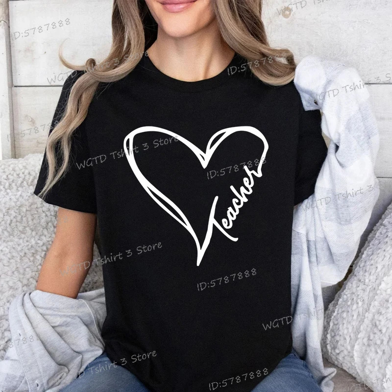 Teacher Heart Graphic T Shirts Women Gift for Teachers Crew Neck Casual Top Tees Teacher Life Fashion Short Sleeve T-shirt 250217