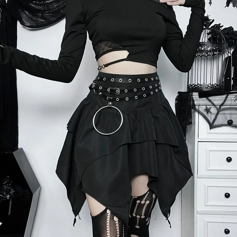 Gothic Punk Irregular Skirts Sexy Women Solid Color Drawstring TieUp Ruched Ruffles Mini Skirt Summer Fashion Short 250211