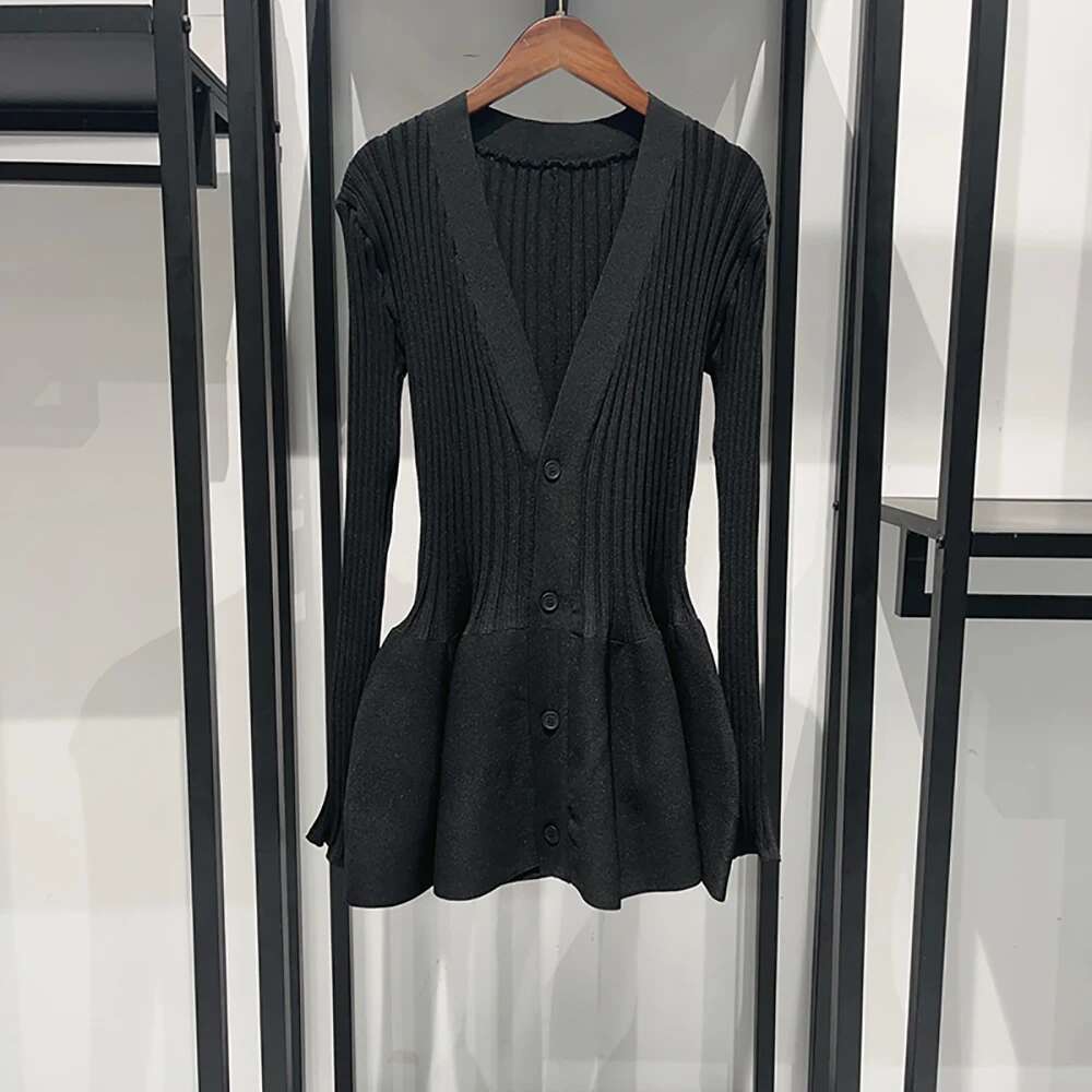 Single-Breasted Ruffle Hem Women Cardigan Y2k Waist Slim Fashion Elegant Commuter V-Neck Long Sleeve Sweater Top 2025 Autumn New
