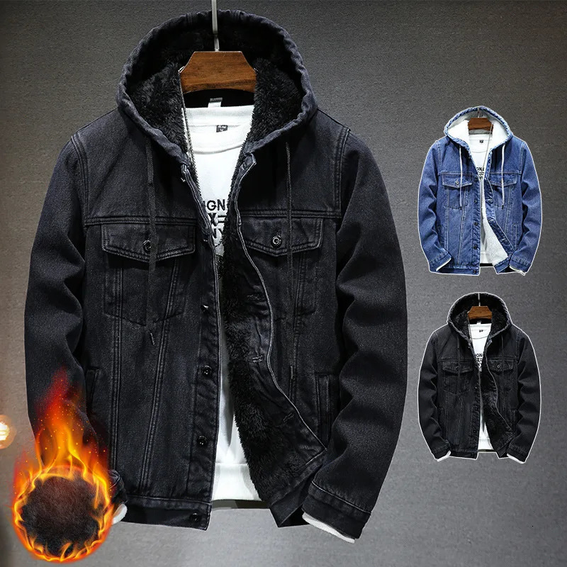 Thicker Winter Jacket Men Warmer Hooded Denim Lambswool and Padded Lamb Wool Fleece Mens Clothes 250210