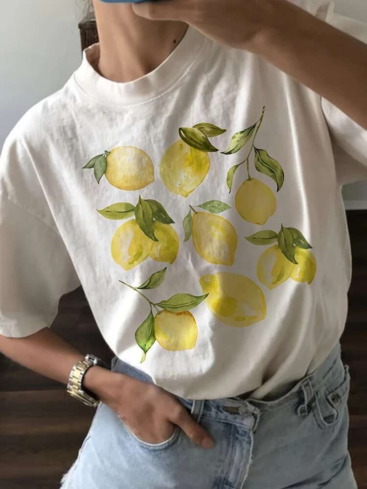 Cute Lemon Fruit T-shirts Short Sleeve Casual Loose Plant Designer T Shirt Retro Fashion Cottagecore Clothing Women's Tops Retro Aesthetic Tshirt