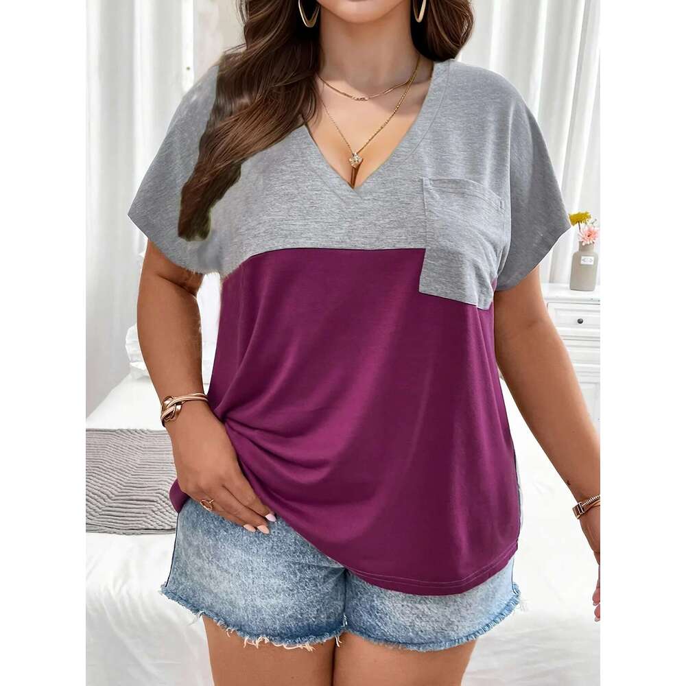 Colorblock V Neck Casual Short Sleeve Pocket T-Shirt, Women's Plus Size Clothing