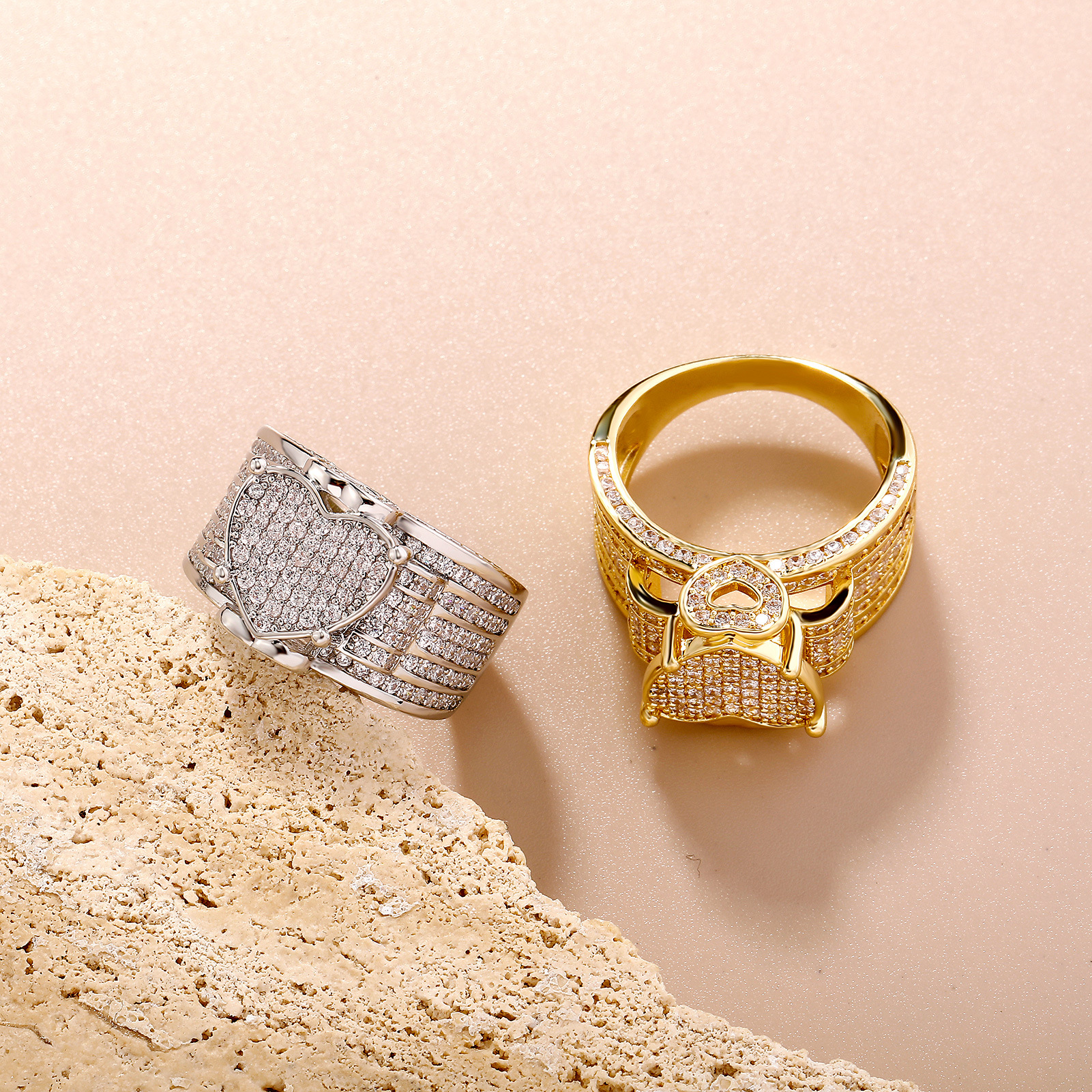 Hip Hop Classic Casting Heart Ring Real Gold Plated 5A Zircon Women Mens Couple Jewelry