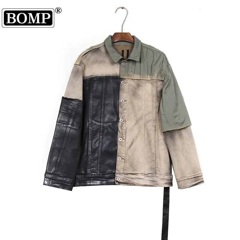 BOMP Dark RO washed patchwork coating brushed wax deconstruction denim jacket men 250212