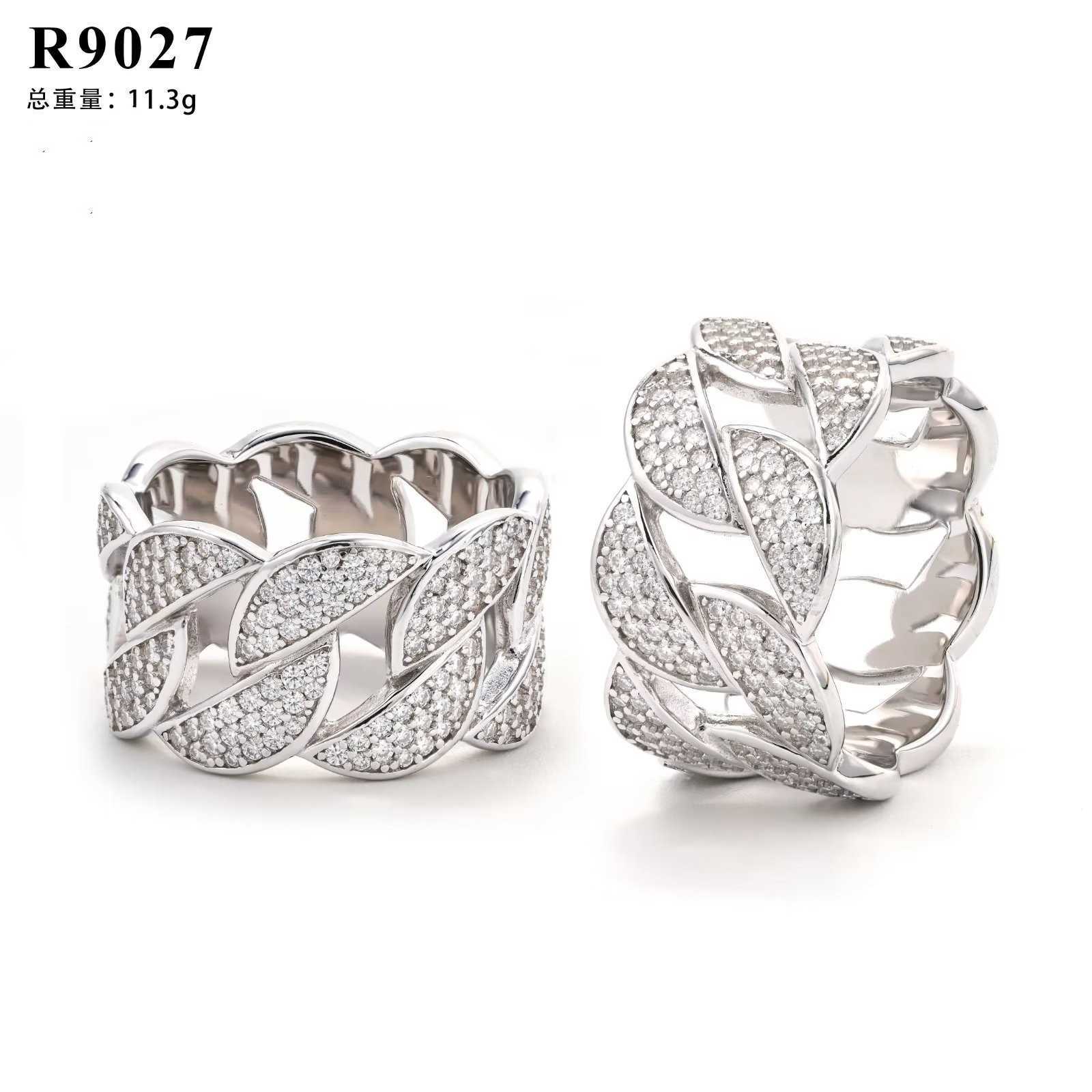 Hot selling hip-hop 925 silver inlaid moissanite Cuban chain ring with three rows of full diamond Cuban personalized ring