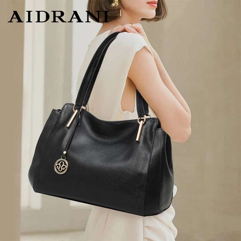 Aidrani Genuine leather women's tote bag, solid color, large capacity cowhide handbag, casual shoulder bag