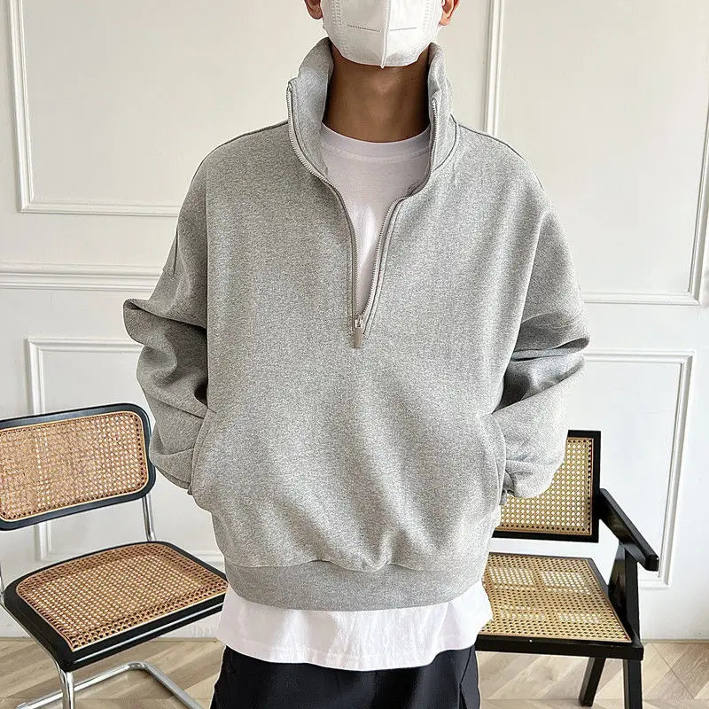 Korean trendy street personality high street solid color high end half zip sweatshirt jacket mens Y2K loose and versatile top 250211