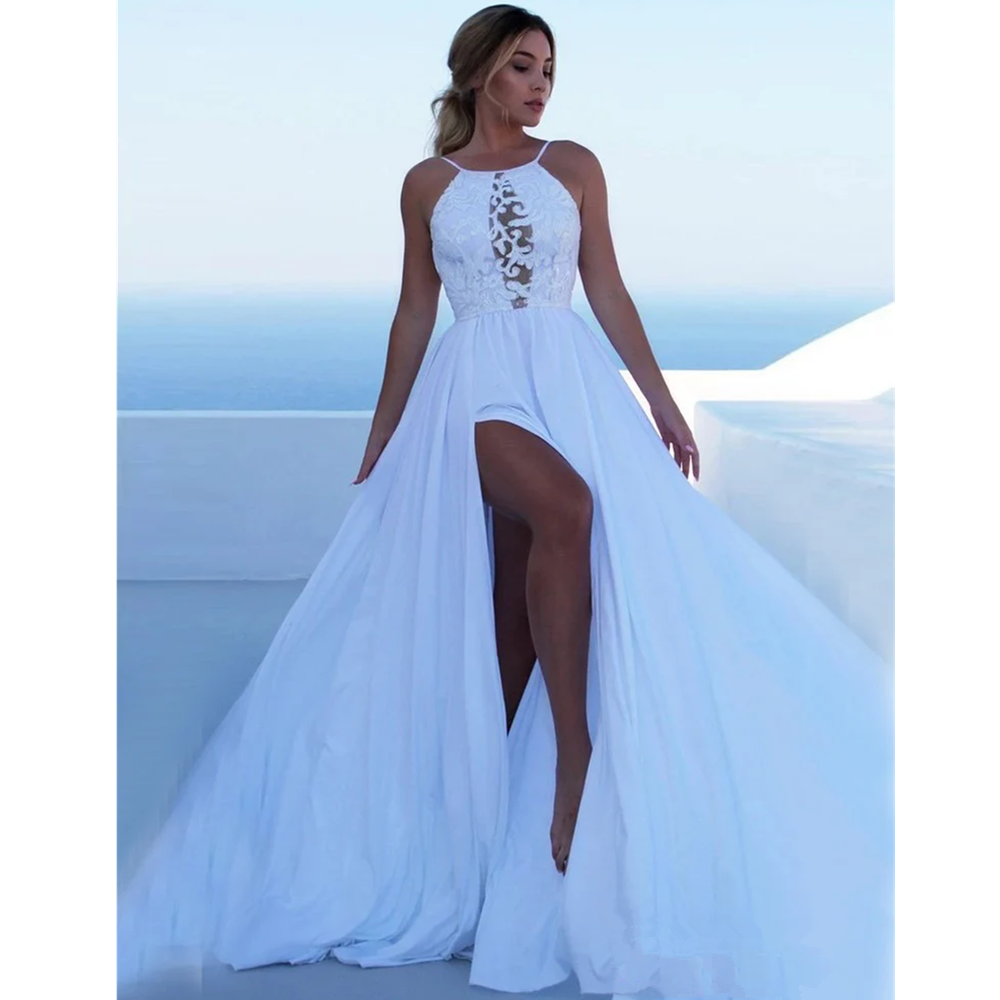 Modern Popular A Line Women's Wedding Dresses Sexy Lace Appliques Bride Gowns Charming Illusion Sleeveless Tulle Vestidos De Novia 01