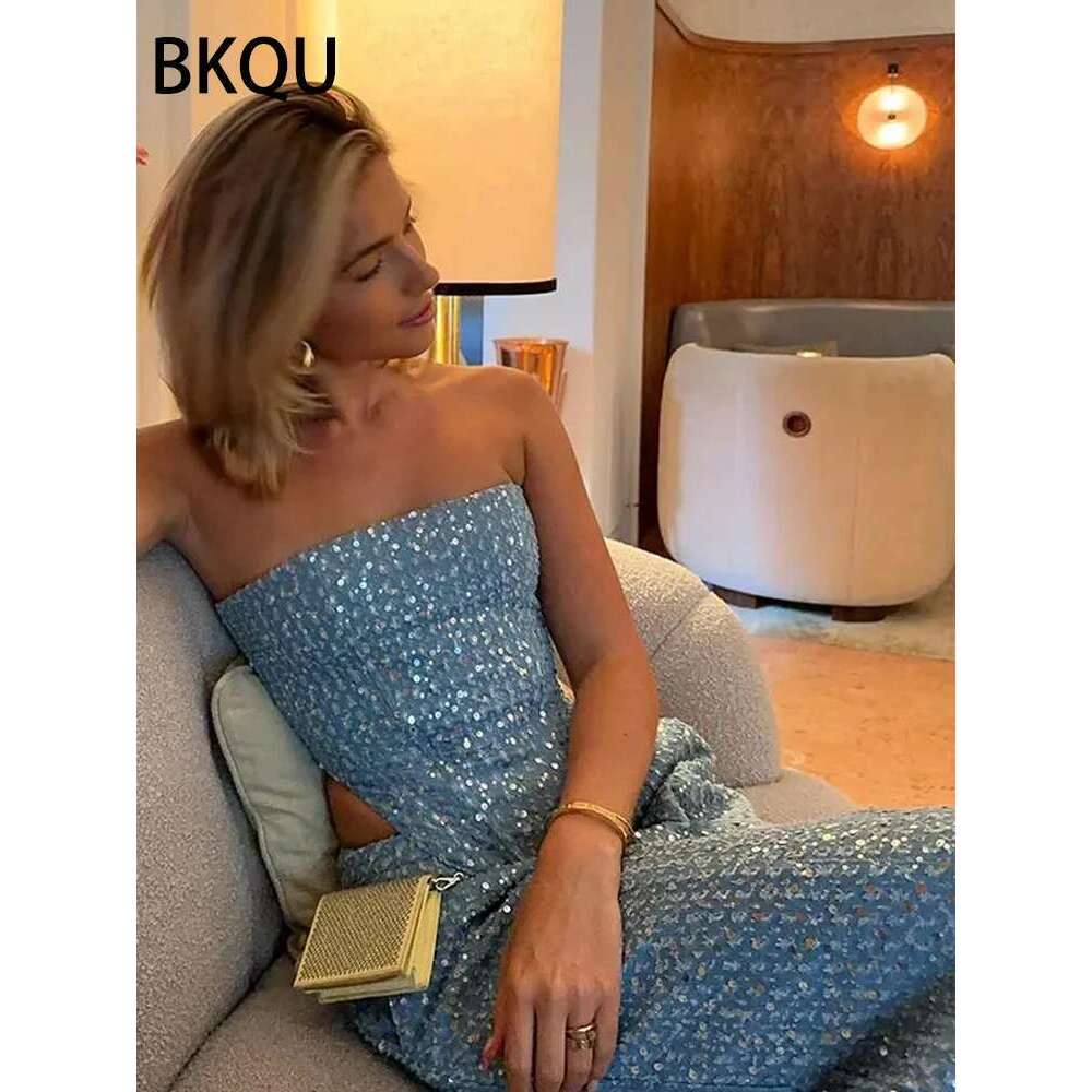 BKQU Fashion Sequins 2 Piece Set Women Sexy Strapless Tank Tops and Loose Long Pants Female Party Club Chic Outfits