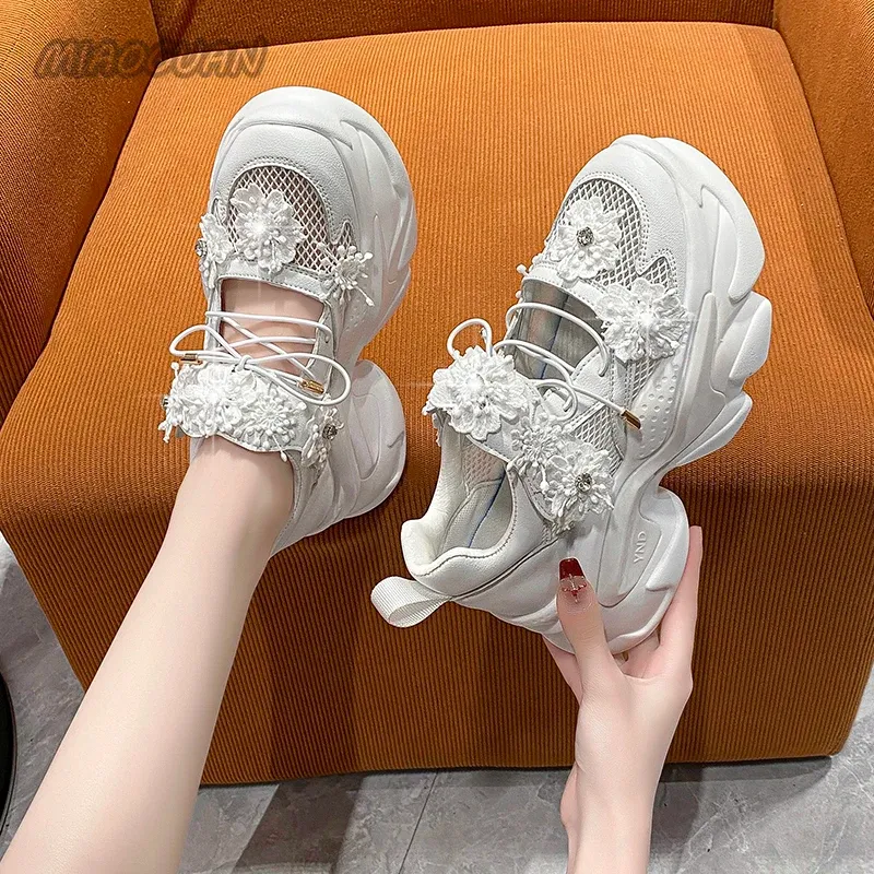 Women Platform Sneakers Casual Breathable Crystal wer Shoes Summer Chunky Tennis 7.5CM Hidden Heels Hollow Leisure Shoe Woman