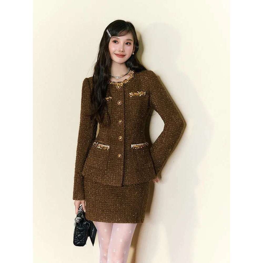 Original Design Beaded Fitted Tweed Jacket Skirt Autumn And Winter Women Female Two-Piece Set High Quality Fashion