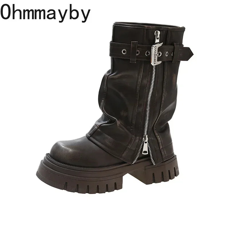 Platform Heel Mid Calf Boots Women Fashion Ladies Side Zippers Knight Boots 2024 Autumn Winter Womens Thick Bottom Shoes 250122