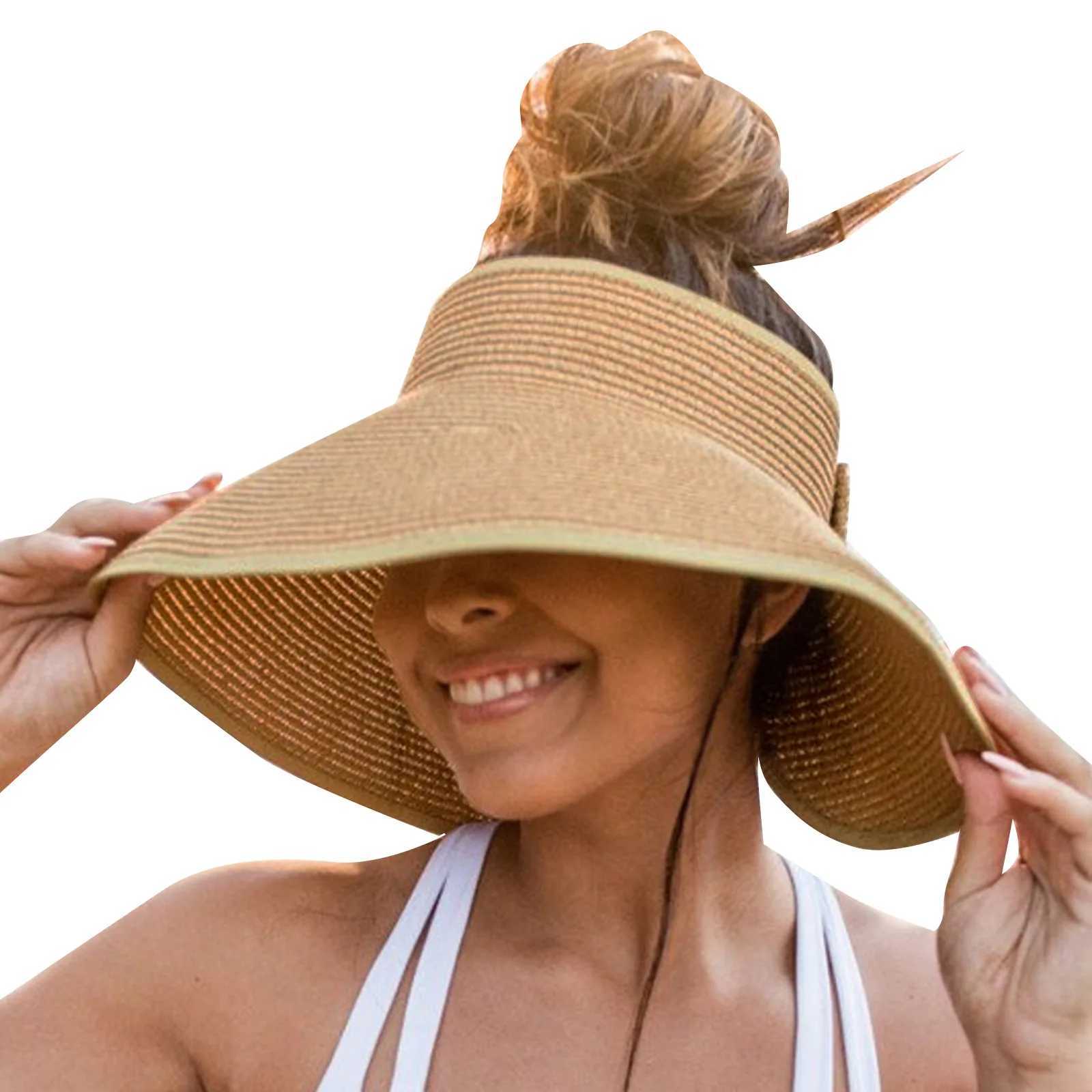 Multicolor Women Roll Up Sun Hats Outdoor Foldable Wide Brim Uv Protection Beach Straw Hat Girl Breathable Empty Top Caps Bonnet W250217