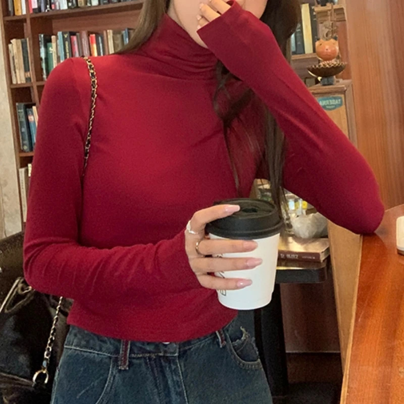Autumn Winter Velvet Turtleneck Womens Tshirts Red Long Sleeve Casual Korean Bottom Slim Tops Tee Female 250213