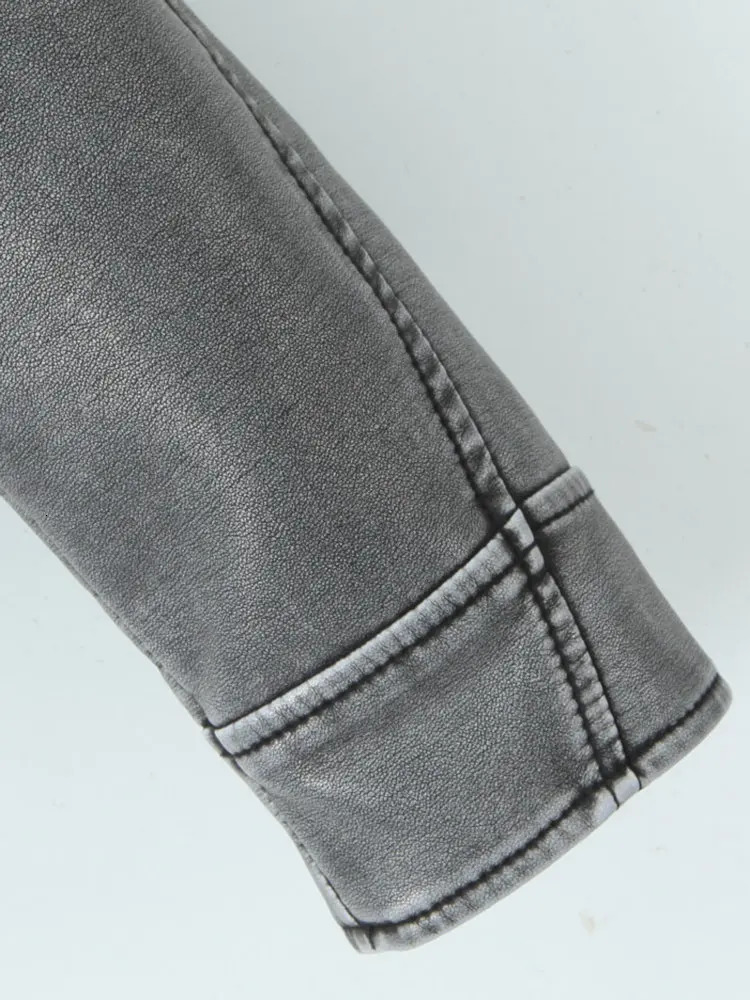 Women Autumn Winter Loose Gray PU Faux Leather Short Jackets Belt Female High Street Zipper Retro Moto Biker Coats Outwear XSXL 250211