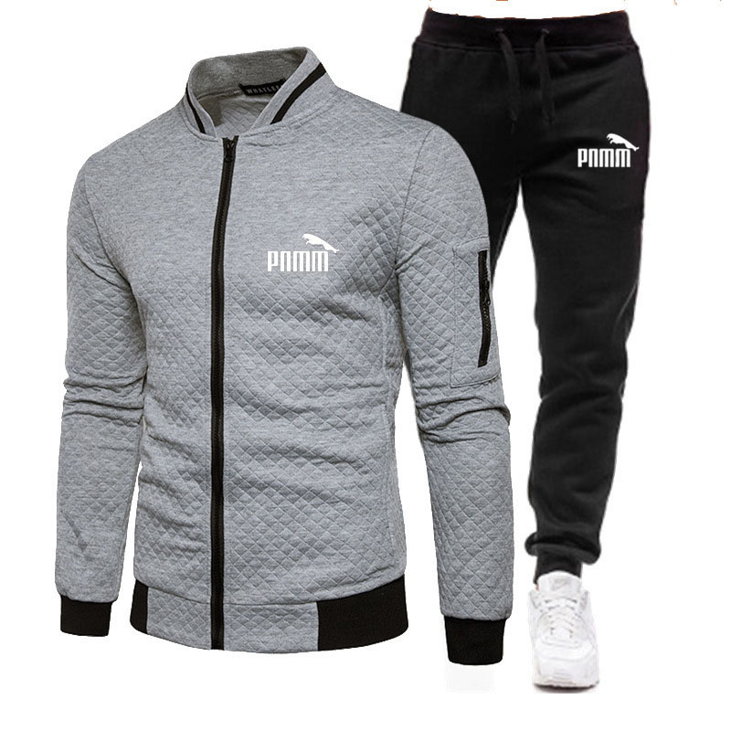 Men's Autumn Winter Stand Up Collar Zip-Up Hooded Jacket with Matching Pants - Sports Suit Set