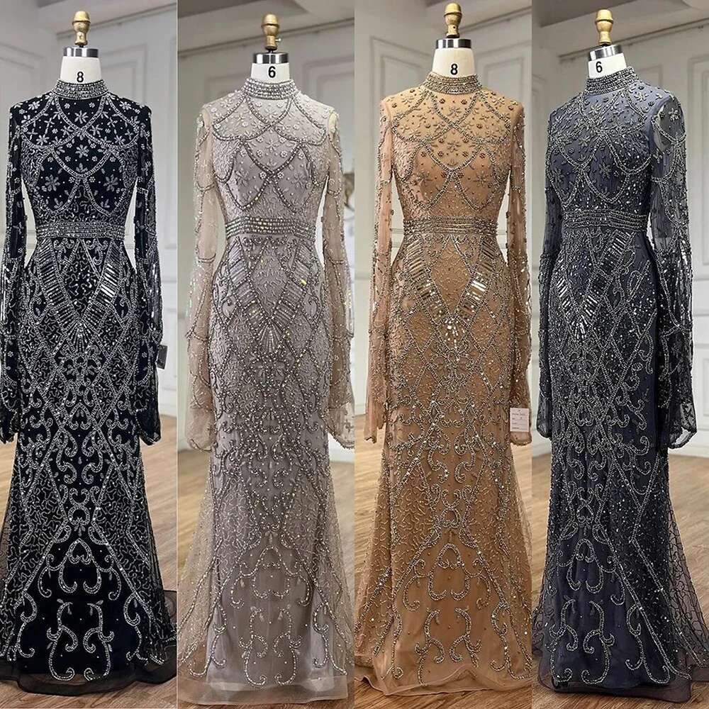 Hill Serene Muslim Grey Mermaid Elegant Cape Sleeve Beaded Dubai Long Evening Dress Women S Party Customize BLA