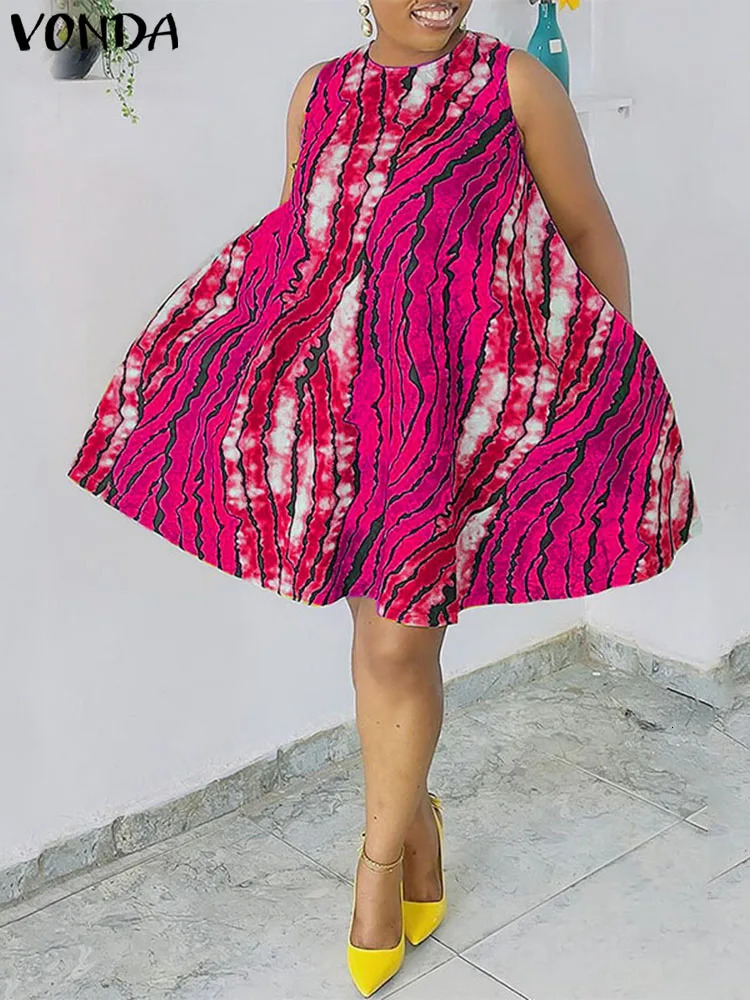 Plus Size Women Summer Dress 2024 VONDA Sleeveless Printed Party Sundress Fashion Short Casual Loose Dresses O Neck Robe 250214