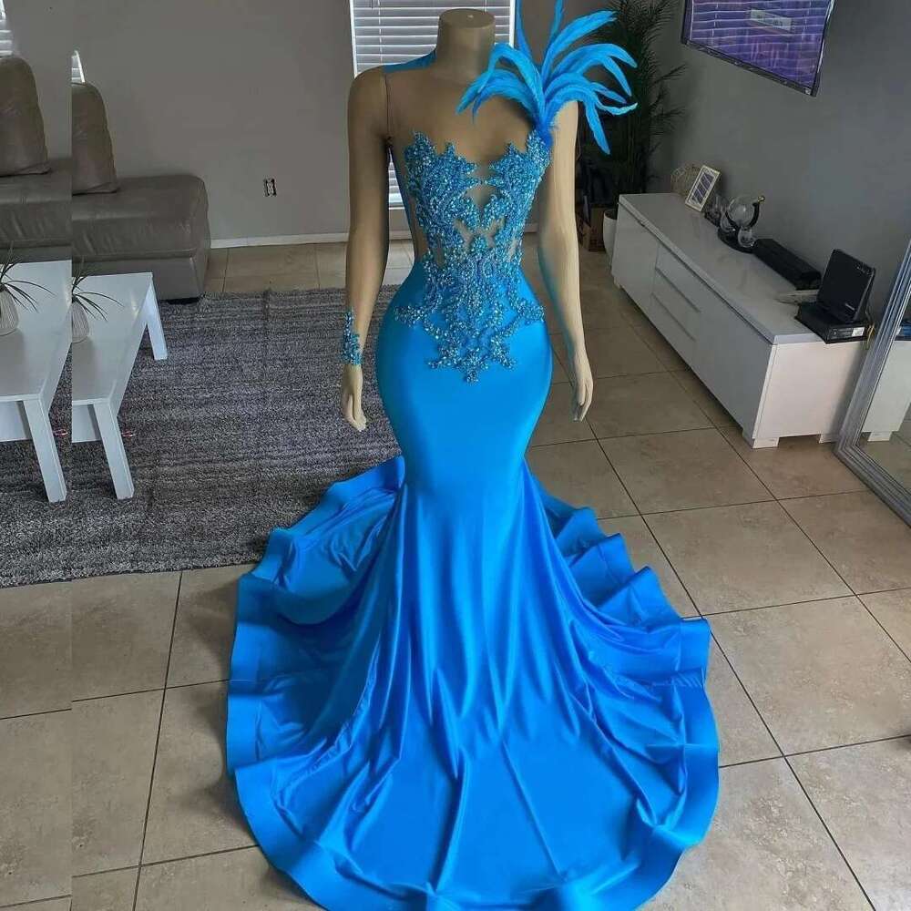 Elegant African American Long Prom Dresses For Black Girls Mermaid Beaded Feather Women Party Evening Gown Customized