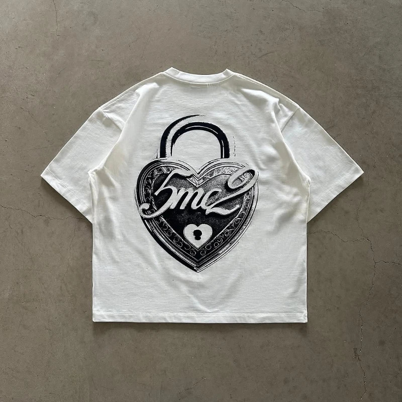 Y2K mens T shirt oversized loose American street style tops fashion printed pattern round neck Solid color cotton lovers pullover 250210