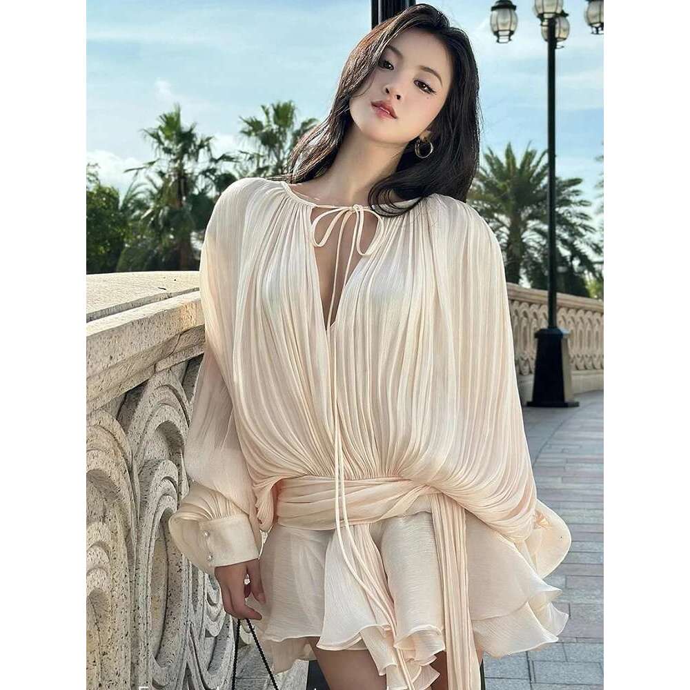 Hollow Out Spliced Lace Up Fashion Short Drees For Women O Neck Lantern Sleeve Minimalist Loose Ruffles Mini Dresses Female