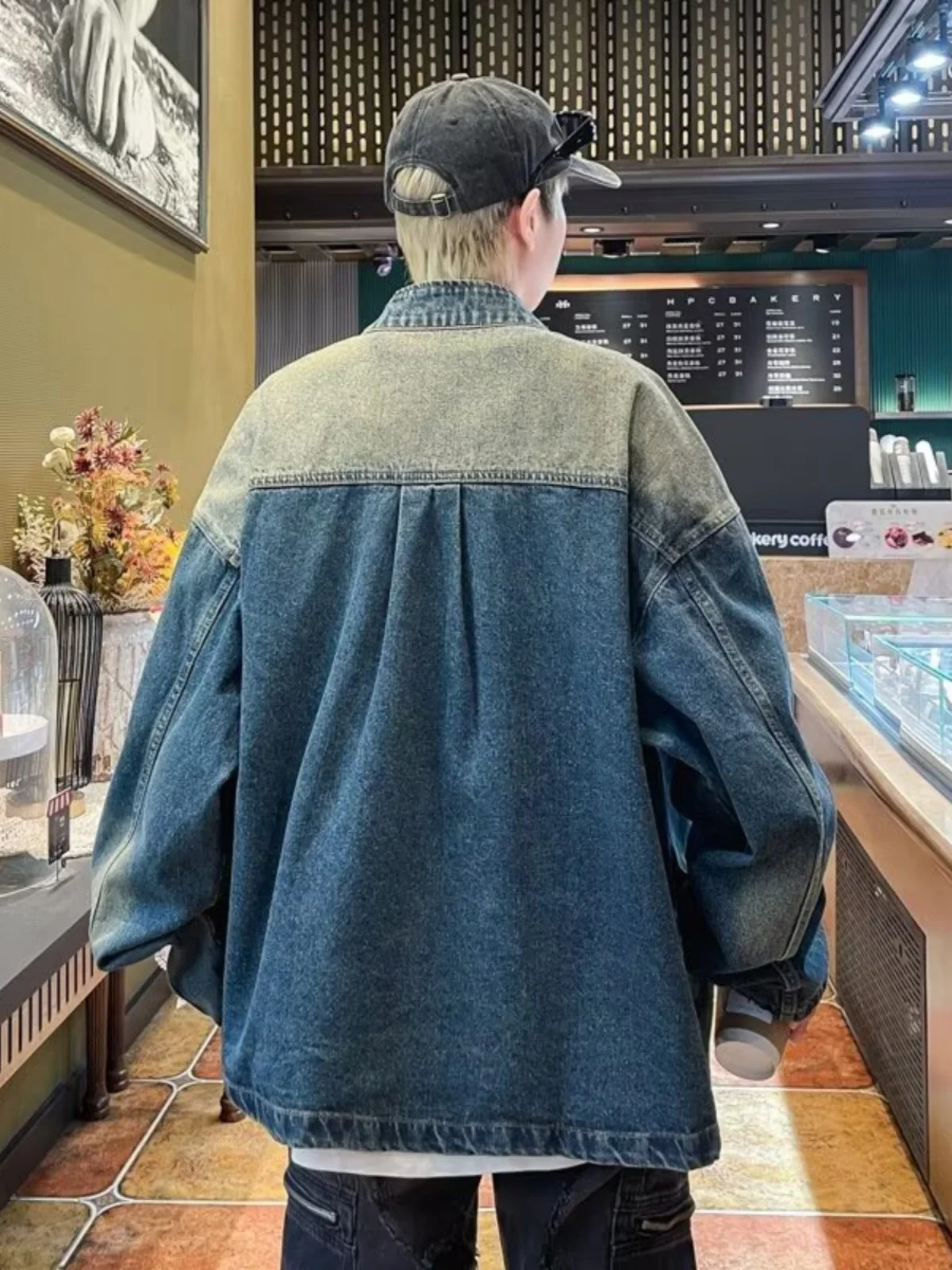 Retro Loose Large Pockets Cargo Denim Jacket For Men Spring Trendy Stand Up Collar Casual Zippered Jeans Top 250212