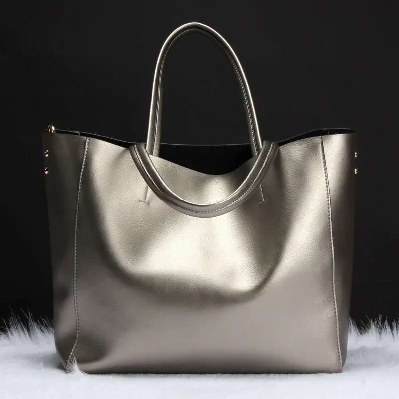 Metallic Sier Casual Large Tote Bag For Women With Soft Genuine Cow Leather Design Fashion Ladies Handbags