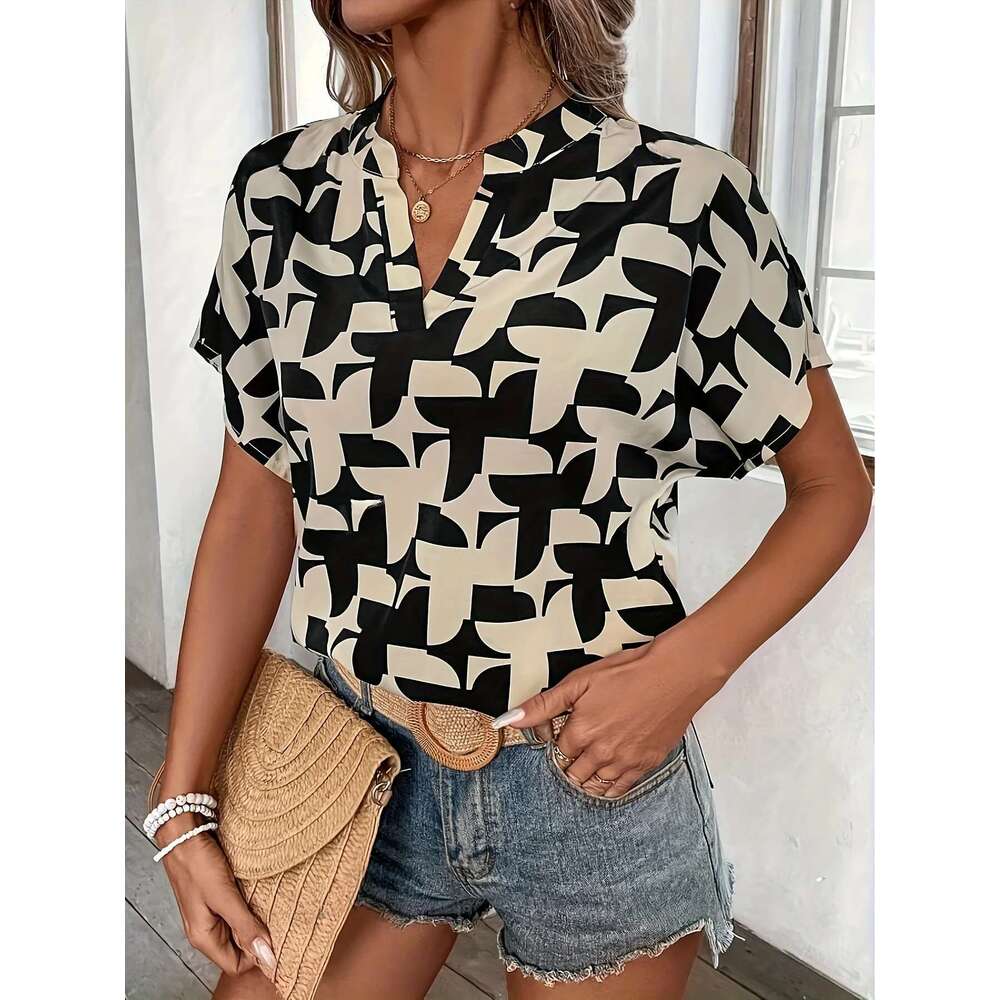 Elegant Summer Women's Print Shirt Casual Office Lady Notched V Neck Batwing Sleeve Blouses Tops