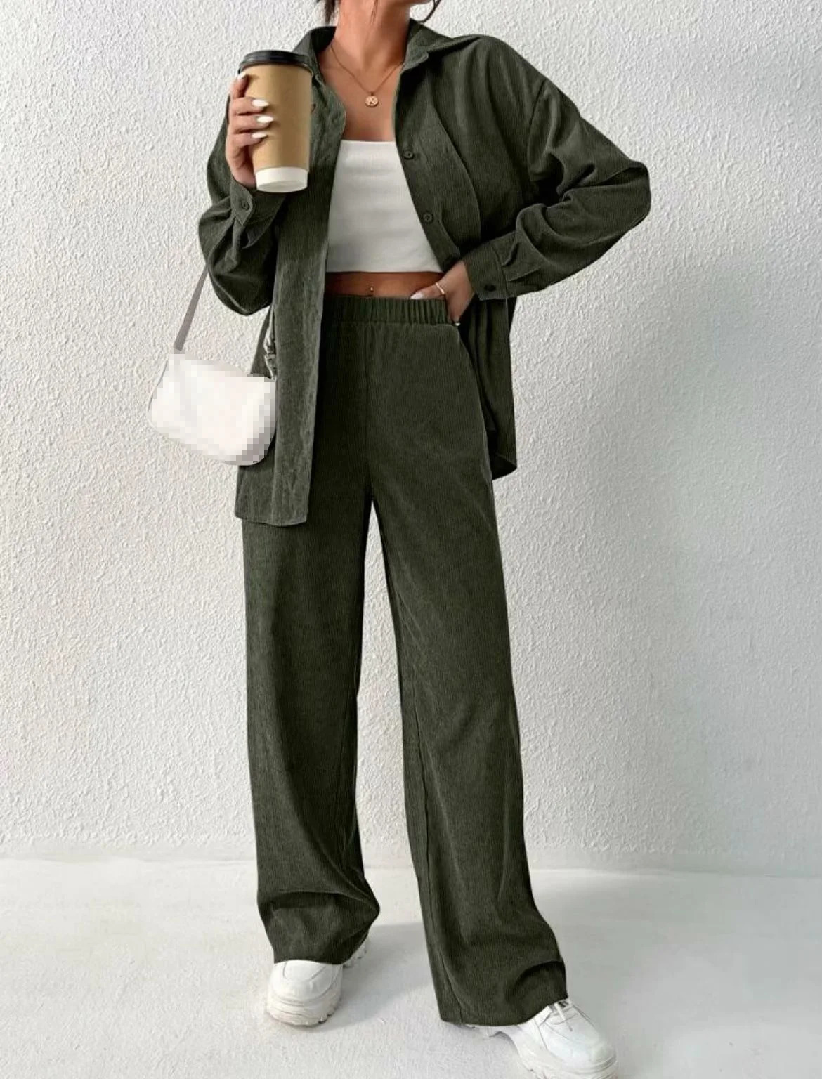 Womens Autumn Arrival Temperament Solid Color Long Sleeve Shirt Jacket Wide Leg Pants Casual Two-piece Set 250210