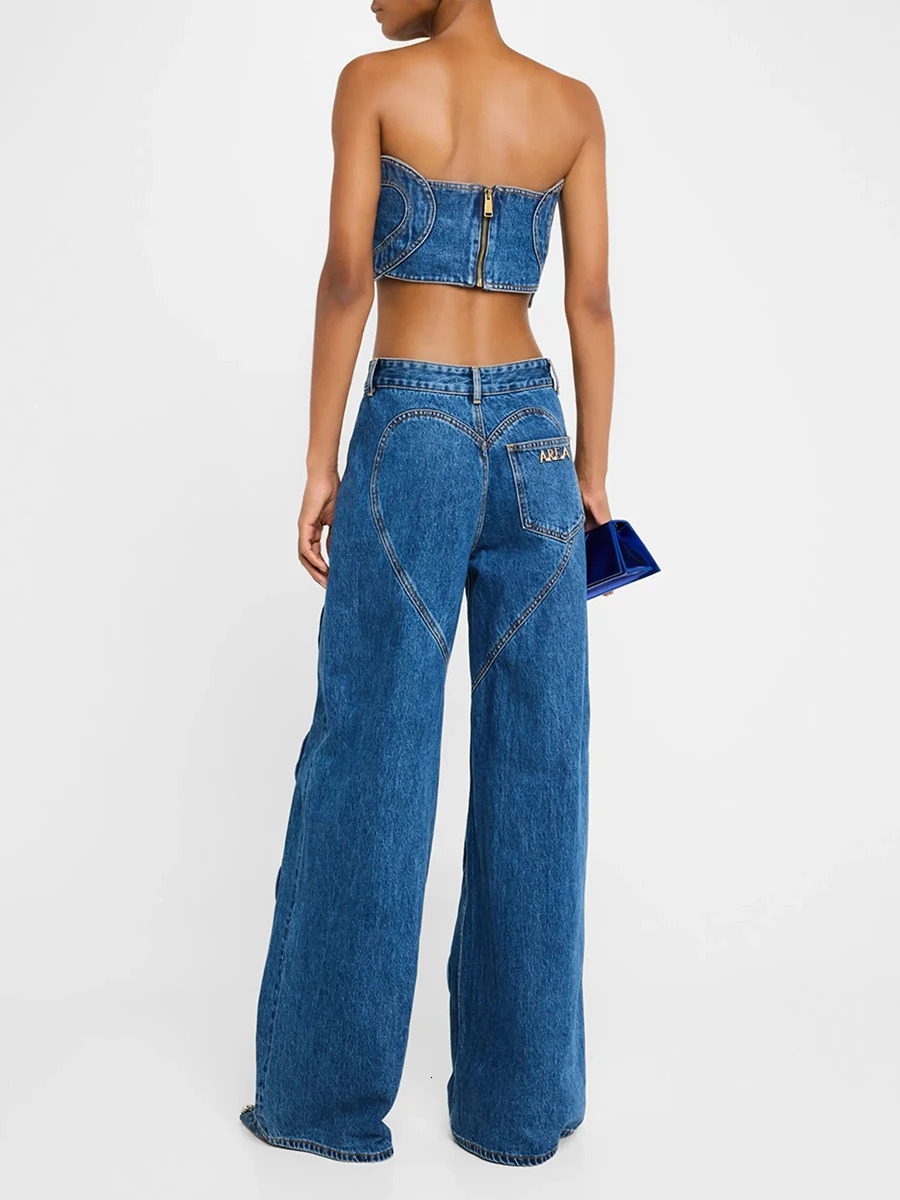 TWOTWINSTYLE Hit Color Set For Women Strapless Sleeveless Love Patchwork Sexy Vest Wide Leg Hollow Out Jeans Fashion Set Female 250210