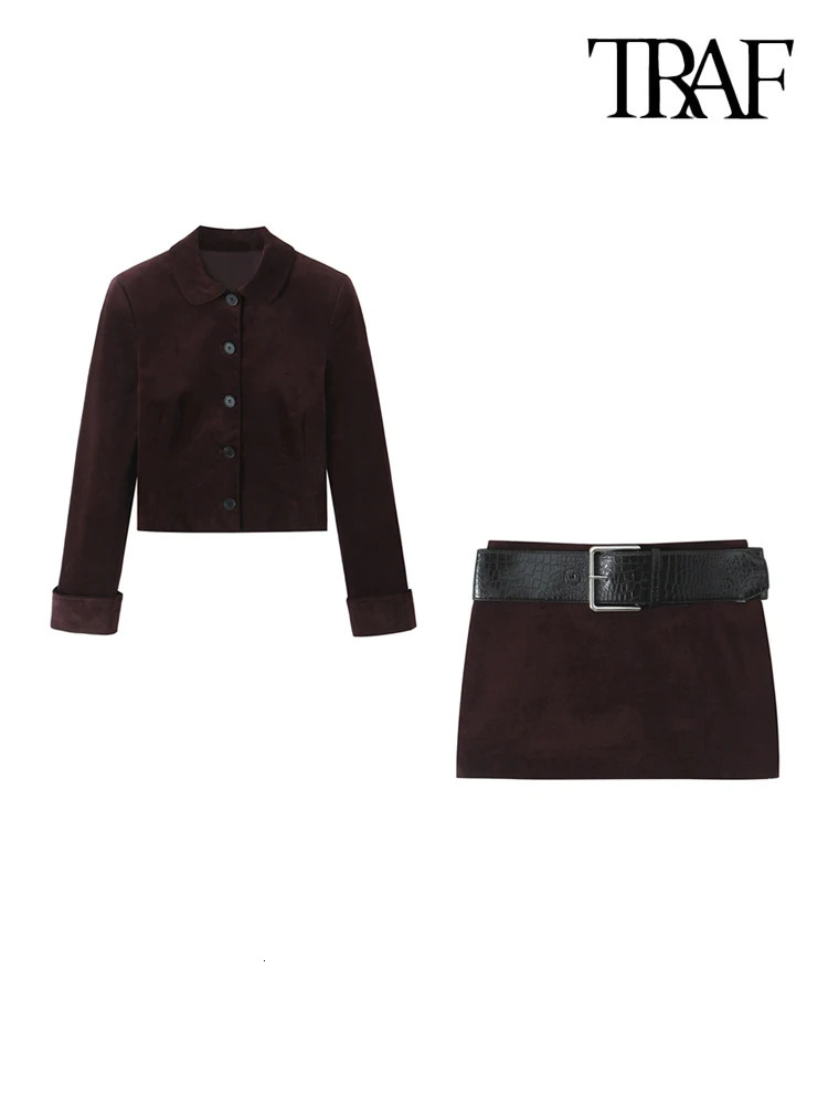 TRAFWomens Front Button Velvet Cropped Jacket Coat and Low Waist with Belt Mini Skirt Female Two Piece Sets Chic Fashion 250214