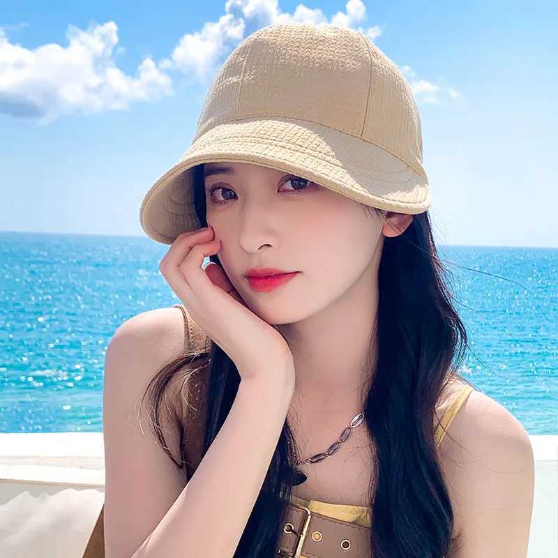 Women Summer Wide Brim Sunscreen Hat Solid Color Waffle Adjustable Bucket Cap For Female Lady JK Korean Outdoor Equestrian Cap W250217
