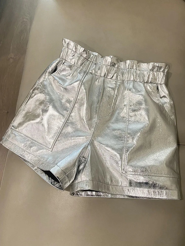 Leather Short Genuine 2024 Y2K Fashion Summmer Pants High Waist Shinny Golden Shorts 250213