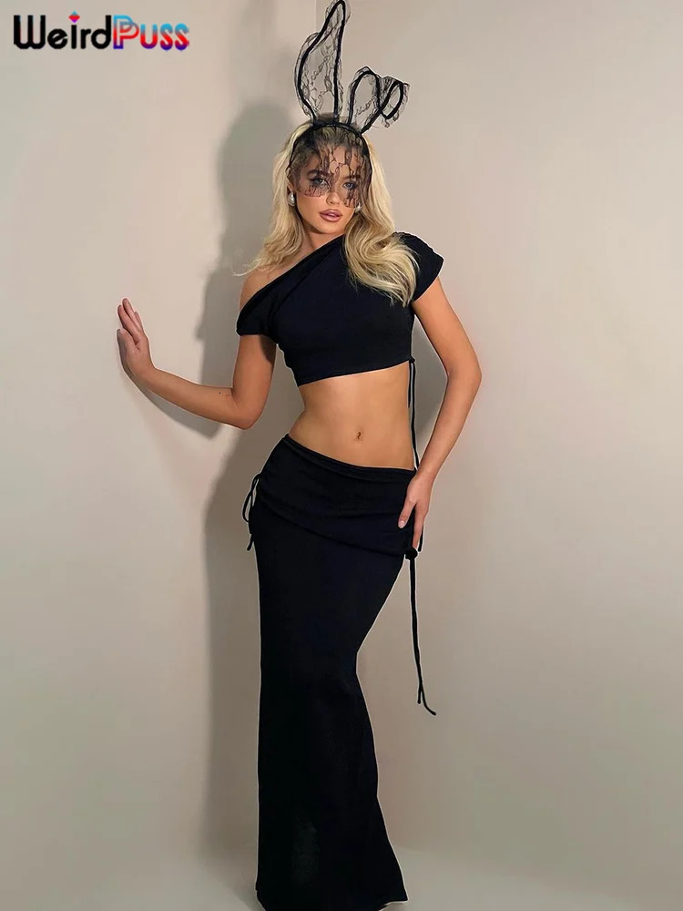 Weird Puss Skew Collar Elegant Women 2 Piece Set Stretch Summer Short Sleeve Crop TopsBandage Maxi Skirts Matching Outfits 250214