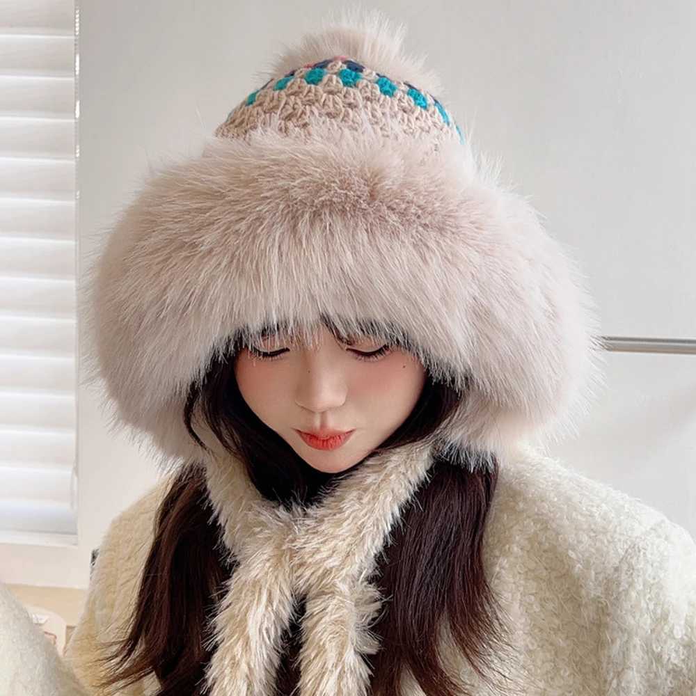 New Russian Hat Thick Warm Fluffy Fur Hat Womens Large Pom Beanie Womens Knitted Snow Ski Hat Ear Flaps Knitted Hat W250217