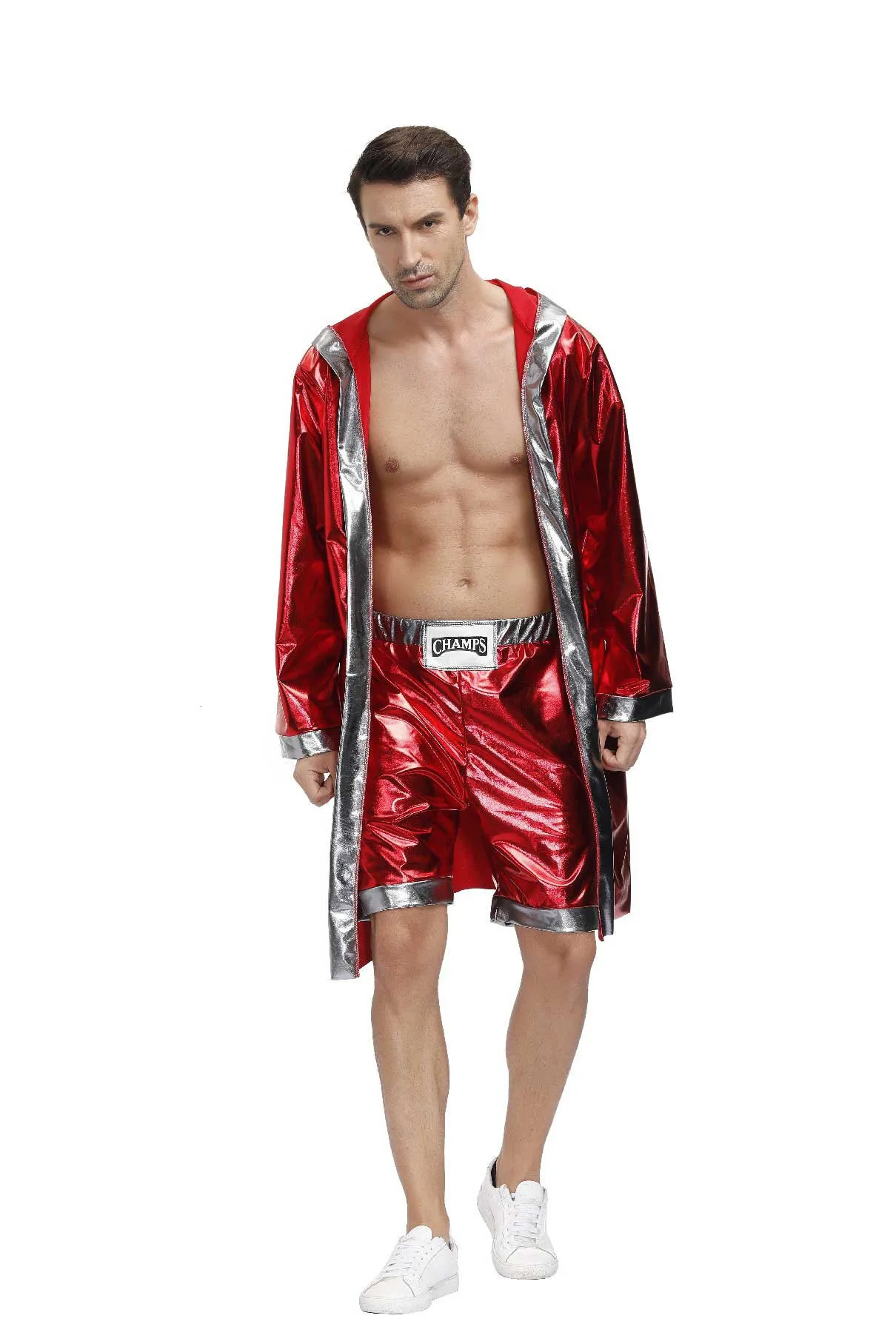 Mens Red Boxer Costume Hooded Cloak Robe Crop with Shorts Movie Boxing Robe Clothes Halloween Cosplay Uniform for Male 250217