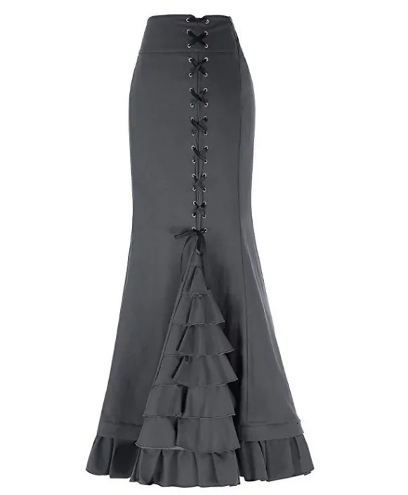 Womens Skirt Gothic Vintage Victorian Steampunk LaceUp Tiered Ruffled Fishtail Mermaid Long Dresses Medieval Costumes 250211