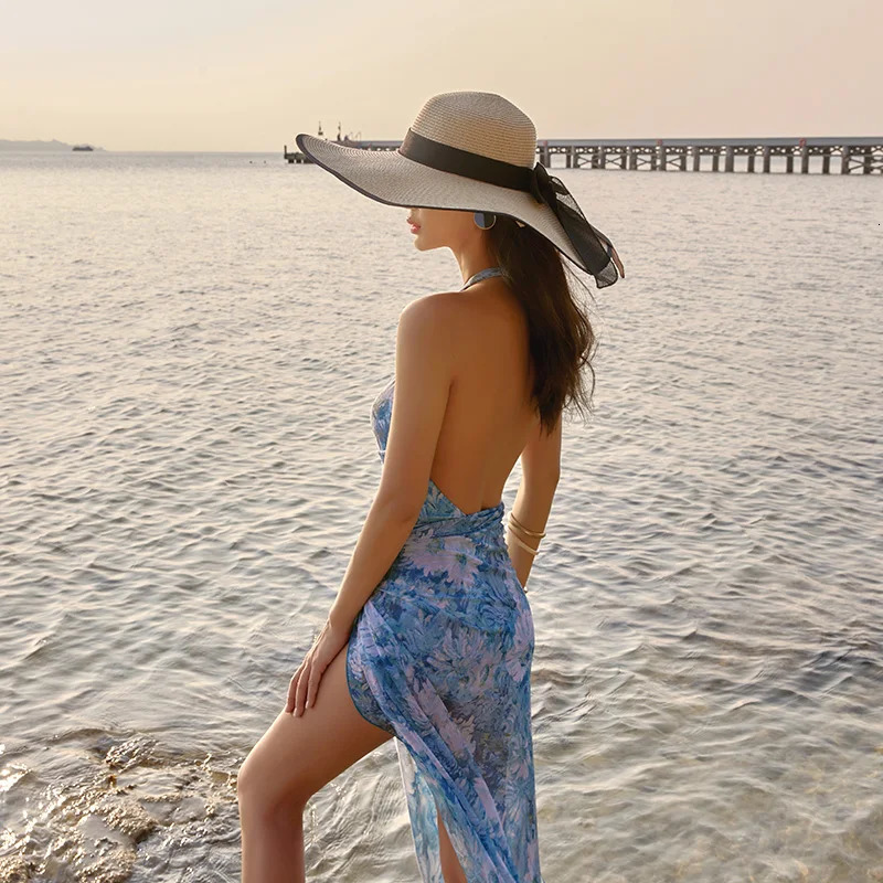 Woman One Piece Swimwear With Cover up blue floral Printed Tightfitting Body Suit Beach Wear Ladies Sexy Bathing 250213