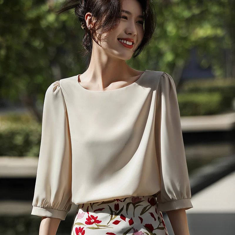 Summer Female T-shirts Three Quarter Sleeve Women Square Collar Solid Color Fashion Tees O-Neck Casual Loose T Shirt Oversized 250217