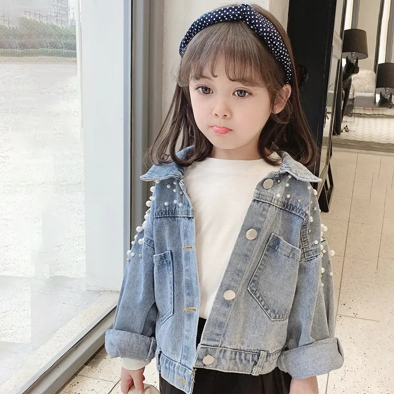 Spring Autumn Pearl Embellishment Teenage Girls Denim Coat Children Fashion Windbreaker Kids Birthday Present Outerwear 250214