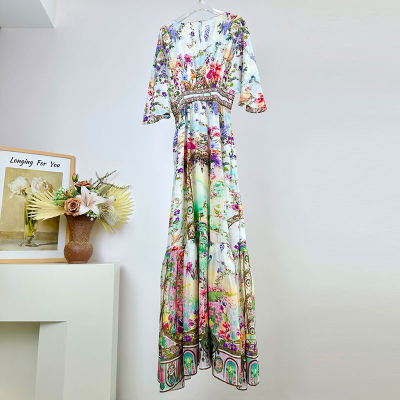 Women's Floral Print Silk Maxi Dress Flared Long Sleeve Waist Up Deep V-Neck Big Hem Handcrafted Crystal Rhinestones Elegant Spring Beach Luxury 
