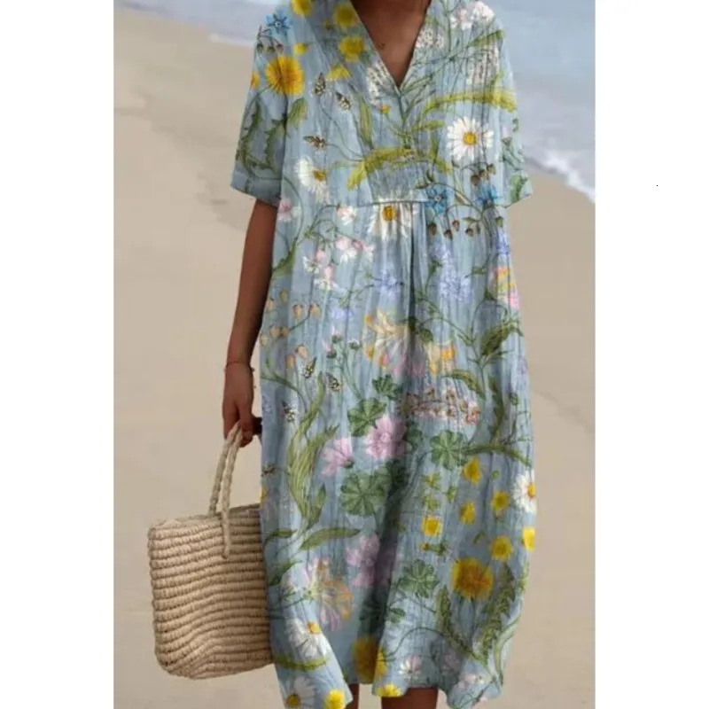 Womens floral print summer mini dress color V-neck short sleeved casual loose vacation exercise beach wear dress robe Traf 250213