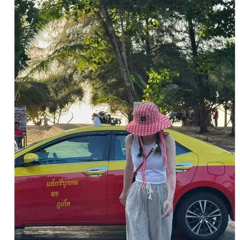 Ins Blogger Retro Plaid Tie Strap Bucket Hat Women Summer Travel Versatile Fisherman Hat Girls Fashion Popular Wide Brim Sun Cap W250217
