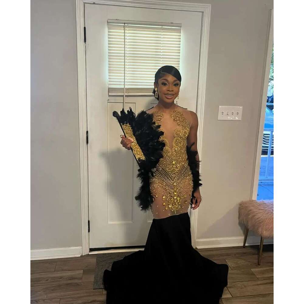 Long Dias Prom Dresses Customized Sparkly Beads Rhie Crystal Feather For Black Girls Birthday Party Gown