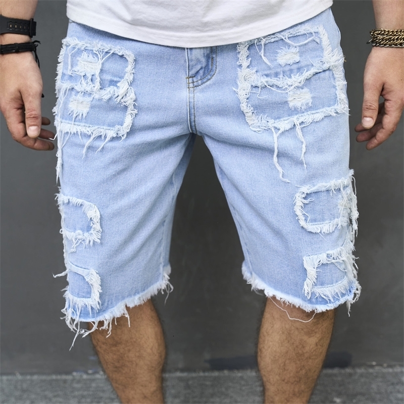 Summer Men High Street Ripped Patch Denim Shorts Stylish Solid Casual Male Straight Jeans w250113